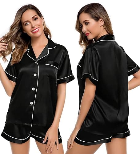 LecGee Womens Silk Satin Pajamas Short Sleeve Loungewear Two-Piece Sleepwear Button-Down Pj Set - Medium - Black-03