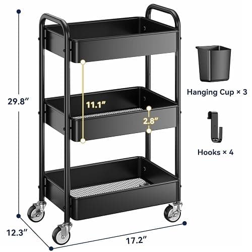 YASONIC 3 Tier Rolling Cart - Metal Utility Cart with Wheels, Hanging Cups, Hooks, Heavy Duty Mesh Rolling Storage Cart Organizer, Craft Cart for Kitchen Office, Lightweight and Sturdy thumbnail 3