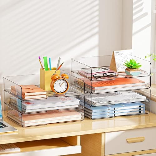 YKLSLH 4 Trays Paper Organizer Letter Tray - Acrylic Desk File Organizer, Stackable Clear Paper Holder Sorter Office Organizer for Letter/A4, Office File Ipad Books Notes Etc thumbnail 2