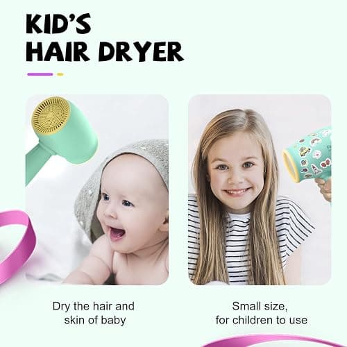 Feekaa Kids Hair Dryer, Low Noise Gentle Heat for Kids Skin, Gift for Children's Birthday, Christmas, Yellow-Green thumbnail 2