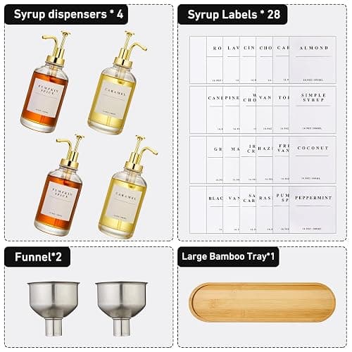 Coffee Syrup Dispenser for Coffee Bar, Coffee Syrup Pump Dispenser, Glass Syrup Bottle with Gold Upgraded Pump, 4 Pack 16.9 oz 500 ml Syrup Dispensers, 28 Labels and Large Bamboo Tray thumbnail 5