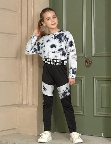 Glaoly Girls Clothes Tie-Dye Long Sleeve Sweatshirt Cool Patchwork Sweatpants 2 Piece Girls' Clothing Sets Size 6-14 Years - Tie Dye-white - 13-14 Years thumbnail 2