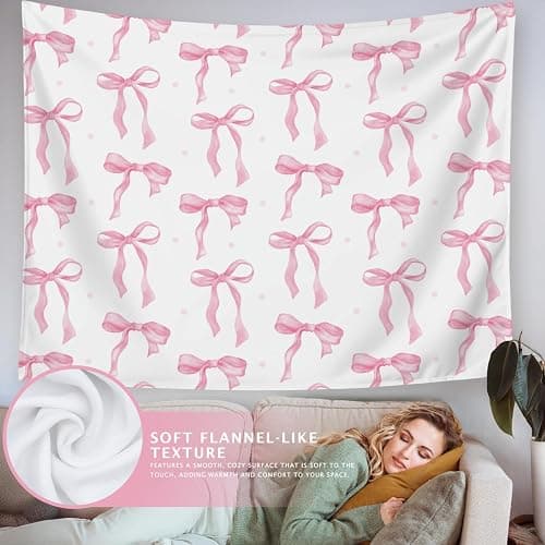 LIANGW Coquette Pink Bow Tapestry Wall Hanging, Coquette Preppy Room Decor, Pink Girly Aesthetic Wall Blanket Decor for Girls Room Dorm Apartment, 50x60 Inch thumbnail 6