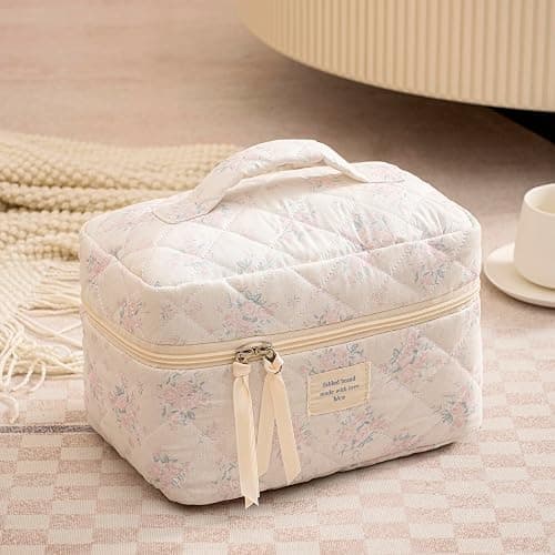 uekeboag Large Travel Quilted Makeup Bag for Women, Floral Cotton Cosmetic Bag, Coquette Aesthetic Floral Toiletry Organizer Bag thumbnail 4