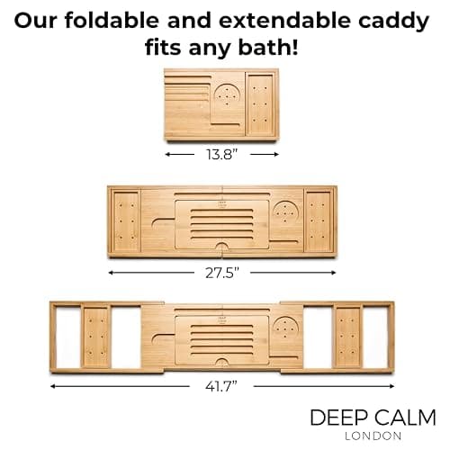 Deep Calm Bath Caddy – Foldable, Extendable Bath Tray Holds Book, iPad, Tablet, Phone, Wine Glass, Candle - Adjustable Bathtub Table – Luxury, Natural Bamboo Bath Shelf (Natural) thumbnail 2