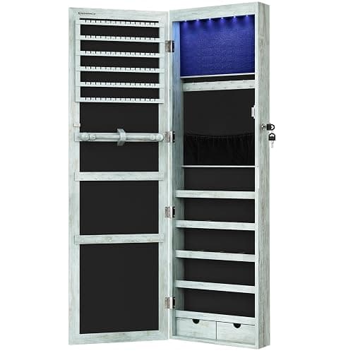 SONGMICS 6 LEDs Mirror Jewelry Cabinet, 47.2-Inch Tall Lockable Wall or Door Mounted Jewelry Armoire Organizer with Mirror, 2 Drawers, Christmas Gift, 3.9 x 14.6 x 47.2 Inches, Rustic Green thumbnail 9