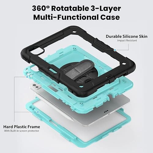 Loyrina for iPad Pro 11 inch Case 2025 (M5) 2024 (M4), with 360° Rotating Stand Hand/Shoulder Strap, Pencil Holder & Protective Shockproof Silicone Hard Tablet Cover, Blue thumbnail 2