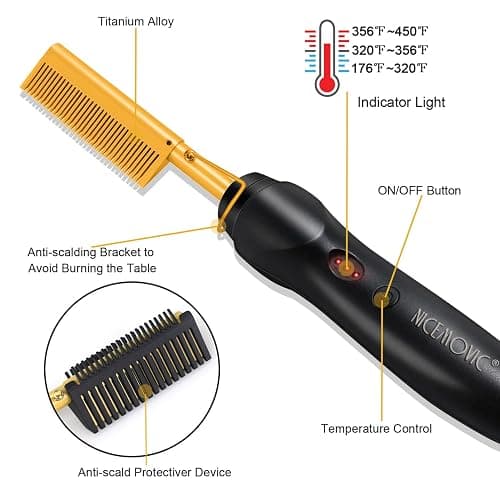 NICEMOVIC Ceramic Heating Hair Straightener Comb - Hot Pressing Brush for Natural Black Hair, Beard Wigs, and Curling (Gold) thumbnail 7