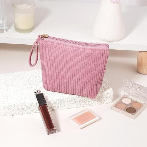 MAGEFY Mini Makeup Bag, Cute Small Makeup Bag for Purse Corduroy Cosmetic Bag for Women with Slip-in Pockets Travel Purse Essentials Lipstick Bag(Pink,Mini) thumbnail 2