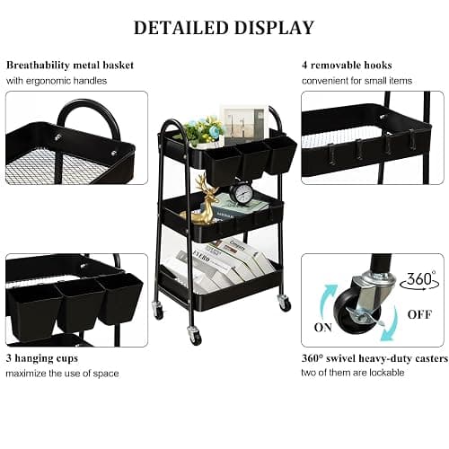 danpinera 3-Tier Rolling Cart, Metal Rolling Storage Cart with Lockable Wheels & Hanging Cups & Hooks, Mobile Trolley Cart for Kitchen, Bathroom, Office, Workshop, Black thumbnail 4