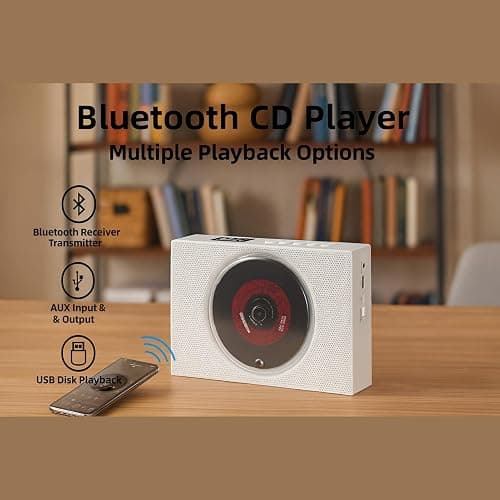Portable CD Player with Speakers, Desktop CD Players for Home, Bluetooth, Remote Control, LED Screen, FM Radio, U Disk, AUX Port, Wired, White thumbnail 3