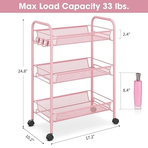 TOOLF 3 Tier Rolling Cart, Metal Utility Storage Cart with Wheels, Pink | 3 Hooks, Screwless Assembly, Trolley Organizer for Bathroom, Kitchen, Office, Nursery, Dorm, Laundry Room thumbnail 3