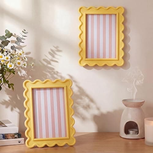 AceOrbit 4x6 Inches Light Yellow Flower Wavy Scalloped Picture Frame Cute Wavy Edge Wooden Real Glass Photo Frame for Desktop Display Home Decor Family Friends Wedding Graduation Gifts thumbnail 5