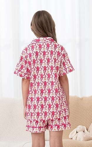 SLPTIMISO Girls Summer Outfit,Kids 2 Piece Button Down Monkey Loungewear Beach Shorts Set Preppy Animals Lounge Pjs thumbnail 7