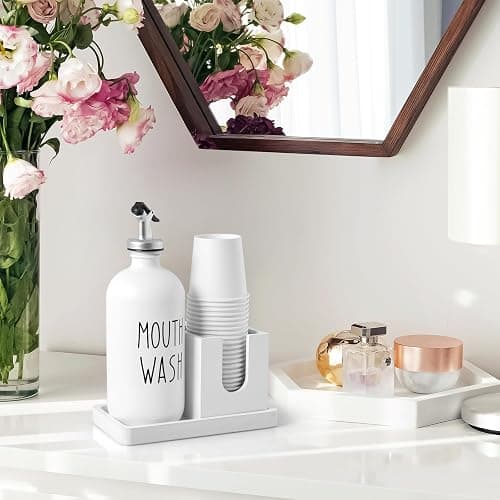 Glass Mouthwash Dispenser for Bathroom, 16 OZ Mouthwash Dispenser with Pour Spout and Wood Cup Holder and Tray, Mouth Wash Bottle Container, Farmhouse Kitchen Bathroom Decor and Accessories, White - White thumbnail 2