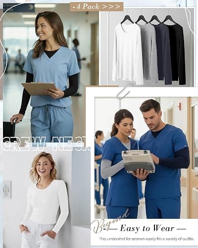 Xaatren 4 Pack Women's Underscrub Shirts Long Sleeve Nurse Cotton Blend Crewneck Slim Fit Tops Soft Stretchy Basic Tee thumbnail 2