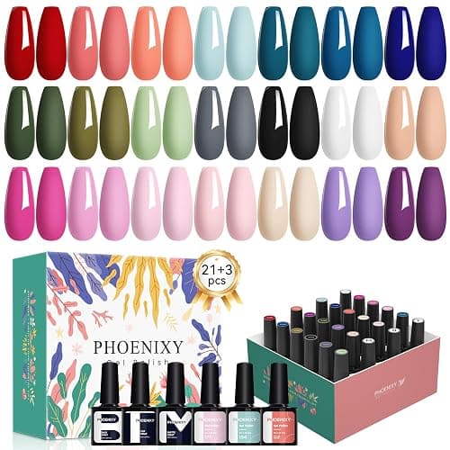phoenixy 24 PCS Gel Nail Polish Set, Spring 21 Colors 7ml Gel Nail Polish Kit with Base Glossy Matte Top Coat Black Gray Red Nail Kit Gifts for Women - Image 1