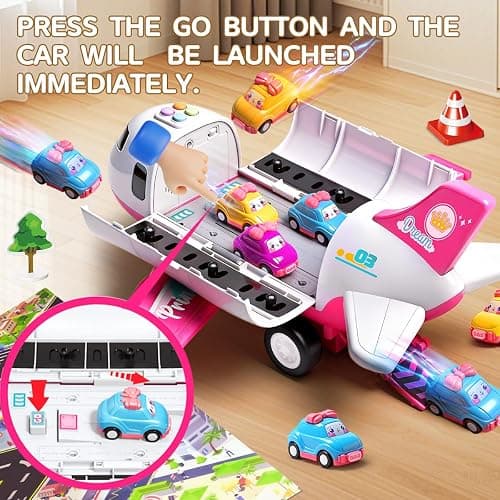 Pink Airplane Toy with Princess Cars and Play Mat,Plane with Lights and Sounds for 2 3 4 5 6 7 Year Old Toddler Girls,Birthday Gift Idea for Kids thumbnail 3
