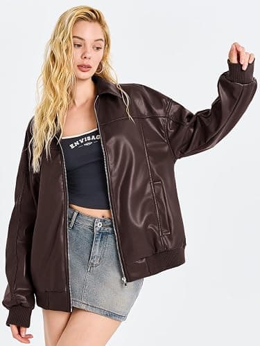 Tankaneo Womens Faux Leather Jackets Oversized Bomber Casual Fall Fashion Zip Up Moto Biker Coats thumbnail 4