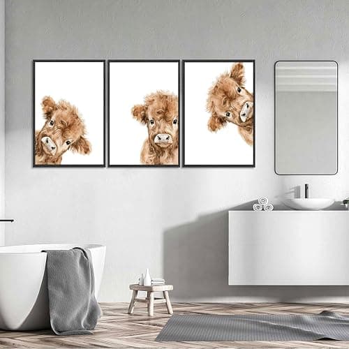 3Pcs Highland Cow Baby Canvas Wall Art Brown Peeping Highland Cattle Wall Decor Pictures Cute and Funny Animals Posters Prints for Nursery Children's Room Bathroom Artwork Home Decoration Unframed thumbnail 5