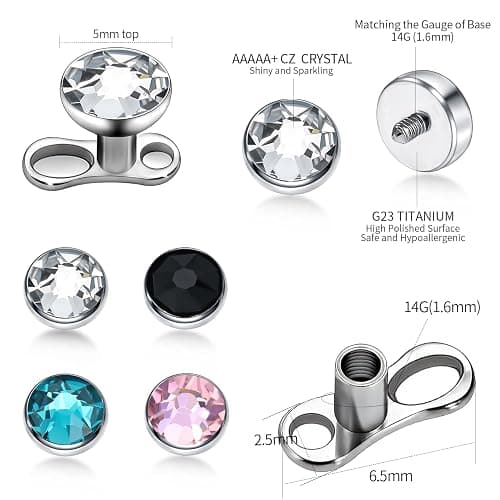XUU 14G Titanium Dermal Piercing Jewelry Set, 4 Multi-Color Gems Dermal Tops (3/4/5mm) – Safe Sensitive Skin for Face & Body, Base Microdermals Piercing for Women Men thumbnail 3