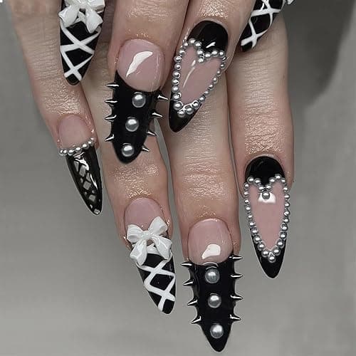 GlamRays 24 Stück Y2K Mittellange Almond Trage Press on Nails & False Nails, mit schwarzer breiter Französische Kanten, dekoriert mit Herzmuster und Legierungsperlen - Image 1