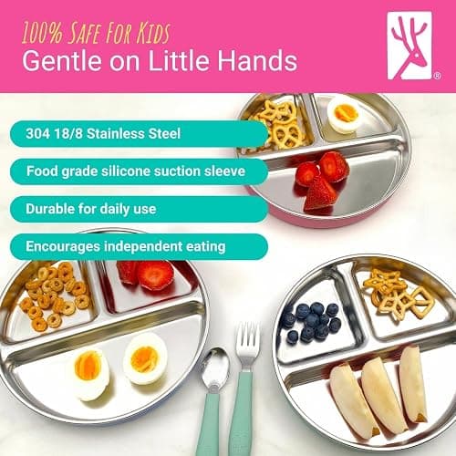 Elk and Friends Kids Stainless Steel Divided Plates with Silicone Suction Sleeves | Lids Included | Suitable for Babies/Toddlers | Dishwasher Safe | Stay Put Dinnerware | Snack Dishes | 2 Pack thumbnail 5