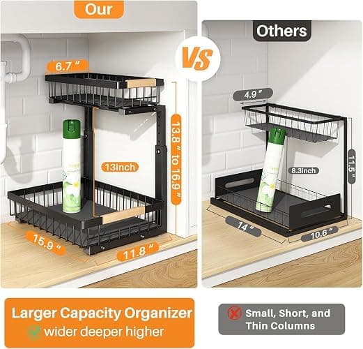 PXRACK Under Sink Organizer, Adjustable Height, 2 Tier Pull Out Under Cabinet Organizer, Slide Out Thickened Metal Under Sink Storage for Kitchen Bathroom Laundry Pantry Cabinet, Black, Large-2-Pack thumbnail 2