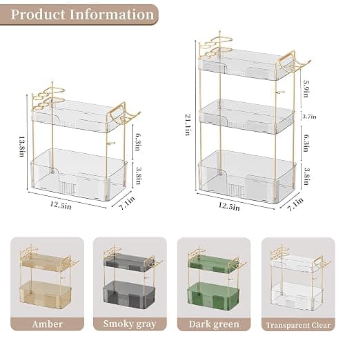 Akinbas 3 Tier Bathroom Organizer Countertop Makeup Perfume Tray Skincare Organizer Comes with Hair Dryer Rack and Toothbrush Holder for Bathroom Dresser Vanity (White) thumbnail 3