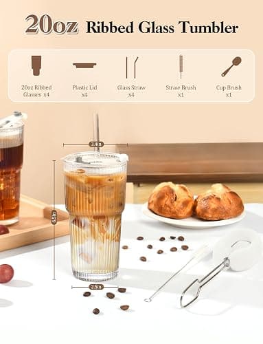 Amyoole 20 oz with Lids and Straws Ribbed Glass Cup Set of 4 | Clear Drinking Glasses, Reusable Vintage Iced Coffee Tumbler, Leak Proof Thick Glassware for Juice,Cocktail,Smoothie,Beer thumbnail 3