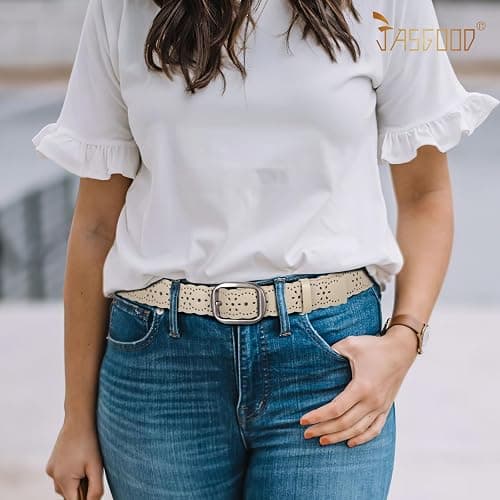 JASGOOD Women's Hollow Flower Genuine Leather Belt for Jeans Pants Wide Belt for Ladies thumbnail 5
