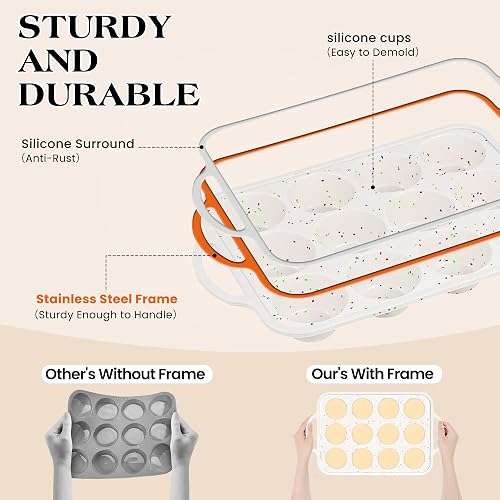 AOTASO 2 Pcs Silicone Muffin Pans for Baking, Cream | Regular 12 Cup and Mini 24 Cup, with Metal Reinforced Frame, Silicone Cupcake Mold, BPA Free thumbnail 3