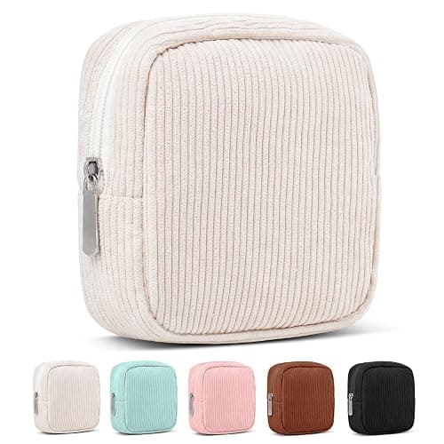 Small Makeup Bag for Purse – Mini Travel Cosmetic Pouch with Metal Zipper, Compact Corduroy Mini Makeup Bag for Cosmetics, Jewelry, Cables – Cute and Vintage Design, Beige - Image 1