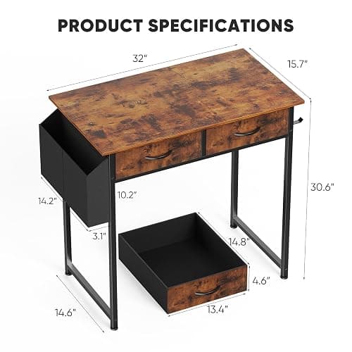 DUMOS 32" Home Office Computer Desk with Drawers, Small Gaming Writing Study Table with Storage Side Bag, Headphone Hook and Adjustable Feet for Bedroom Rustic Brown thumbnail 3