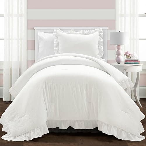 Lush Decor Reyna Ruffle Comforter Set - 2 Piece Twin Size Ruffle Comforter Set - Elegance for Dorm Room - Twin XL, Pure White - Image 1