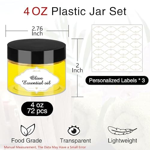 PeacePeo Plastic Jars with Lids 4 OZ, 72 Pack Clear Slime Containers | Empty Refillable, Black Screw on Lids, Organize Small Items, Samples, Lotions & Beauty Products, Keep Home Kitchen Neat thumbnail 3