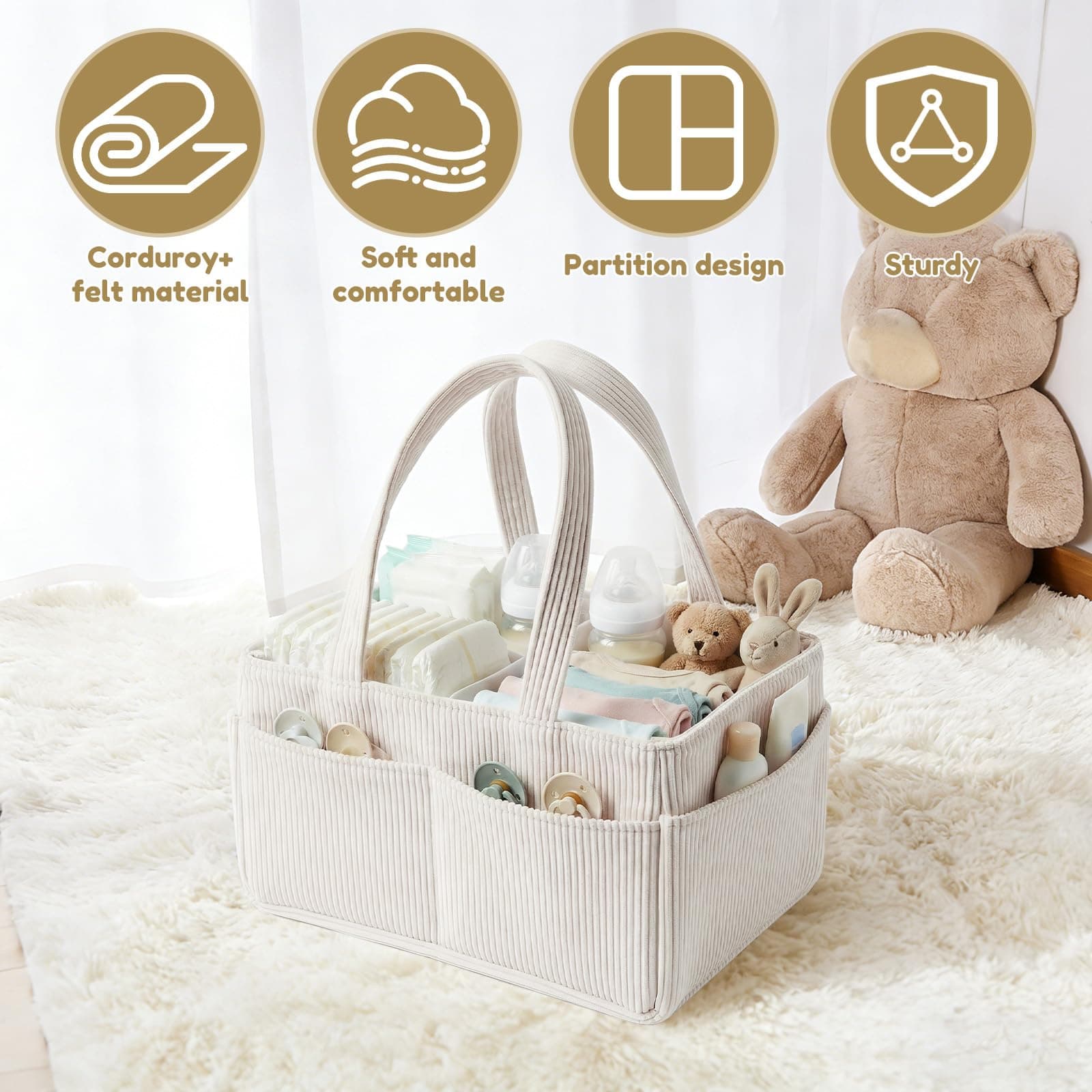 Baby Diaper Caddy Organizer Portable Soft Corduroy Diaper Storage Basket with Handle Nappy Caddy Storage Basket for Nursery Baby Shower Newborn thumbnail 2