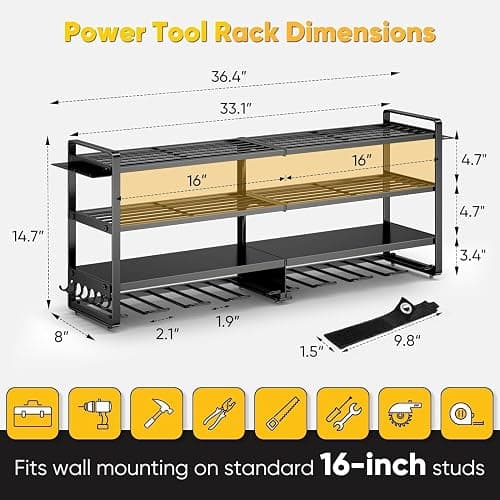 POKIPO Large Power Tool Organizer Wall Mount,4 Layers Heavy Duty Metal Loads 400lbs,Power Tool Shelf Battery Storage with 8 Cordless Drill Holder,Utility Racks for Garage Workshop thumbnail 2