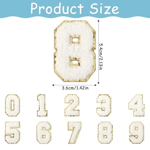 20PCS Chenille Number Patches, Iron on Numbers 0-9 Gilter Varsity Patches Embroidery Self-Adhesive White Applique for Team Jerseys Sports Football Jeans Bags Decors thumbnail 3