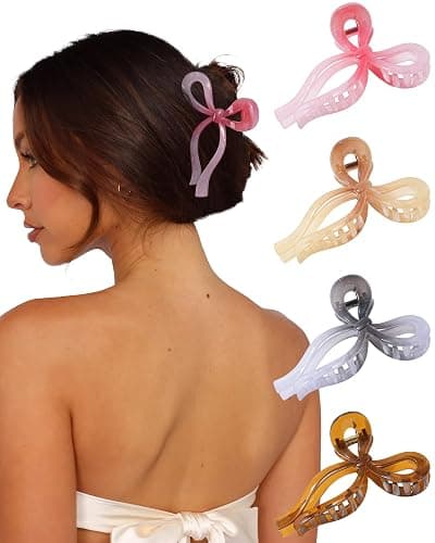 4 PCS Bow Hair Clips Bow Claw Clip for Women Nonslip Large Hair Claw Clips for Thin and Thick Hair Strong Hold Hair Bows (Light Brown+Light Pink+Khaki+Gray) - Image 1
