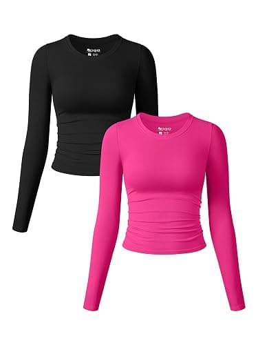 OQQ Womens 2 Piece Shirts Long Sleeve Crew Neck Ruched Stretch Basic Fitted Tee Shirts Tops - Black,pitaya - Large - Image 1