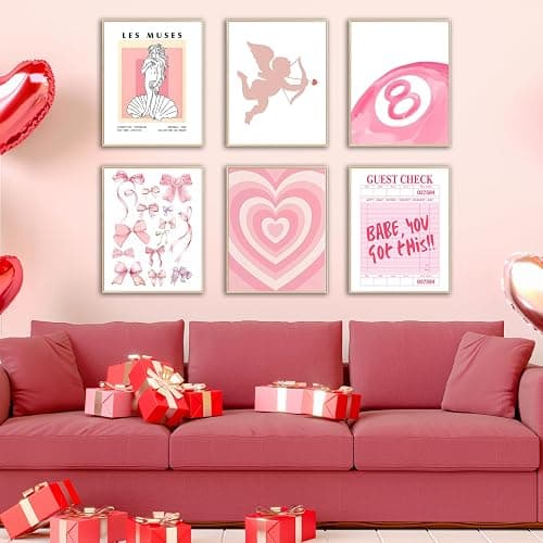 Pink Wall Art Posters - Aesthetic Prints, Cute Dorm Posters, Preppy Wall Decor with Heart & Bows - Set of 6 for Room Decor, Teen Girls Bedroom, College Dorm thumbnail 7