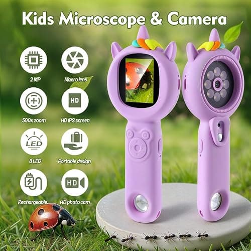 Kids Microscope- 500x Magnification,16X Zoom,Handheld Microscope for Kids with HD Cam,Portable Science Learning Tool,Christmas Birthday Gifts for Boys Girls Aged 3-12 (Purple) thumbnail 2