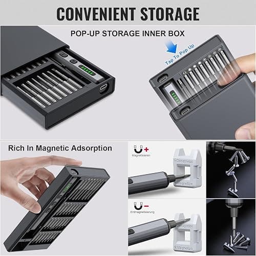 Mini Electric Screwdriver 3.7V, Cordless Screwdriver Set, Precision Electric Screwdrivers 72-in-1 Magnetic Bits, Rechargeable Portable Repair Tool Kit for Electronics Laptops Glasses Clocks thumbnail 6