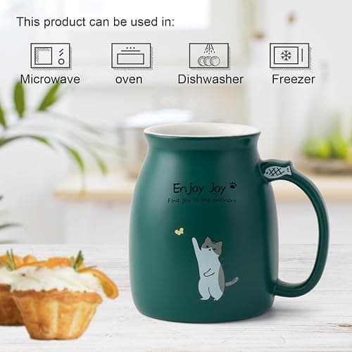 Feify Cute Cat Cup Ceramic Coffee Mug with Kawaii Cat Wooden Lid, Lovely Stainless Steel Spoon, Anime Kitty Thicken Wooden Coaster, Christmas Birthday Cute Thing Japanese Mug 16oz (Green) thumbnail 6
