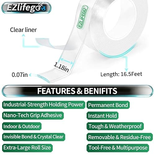 EZlifego Heavy Duty Invisible Bond Nano Double Sided Mounting Tape, 16.5FT | Nano-Tech, Holds up to 72 lbs, All-Purpose, Instant Hold, Industrial-Strength Adhesive, Indoor & Outdoor Decor,Back to School thumbnail 2