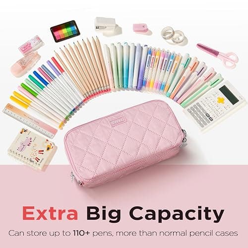 Sooez Large Pencil Case Pouch, Extra Big Pencil Bag with 8 Compartments, Pen Bag Wide Opening, Soft Quilted Pencil Pouch Organizer with Zipper, Portable Pencil Case for Teen Girls, Blush thumbnail 4