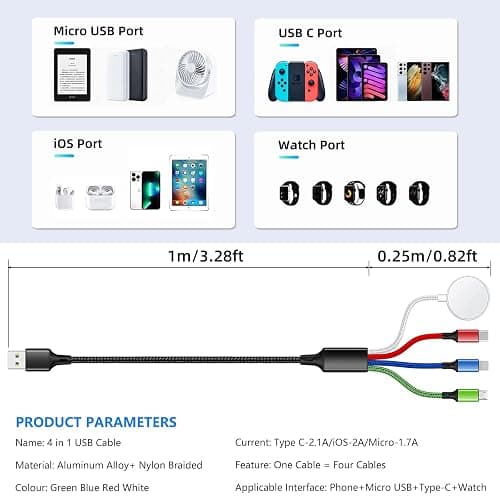 2Pack 4 in 1 iWatch & iPhone Charger for Travel, Multi Charging Cable for Apple Watch Charger Wireless USB C Micro Compatible with iWatch Ultra/SE/10/9/8/7/6/5/4/3/iPhone 16/15/14 Galaxy Android(4FT) thumbnail 5