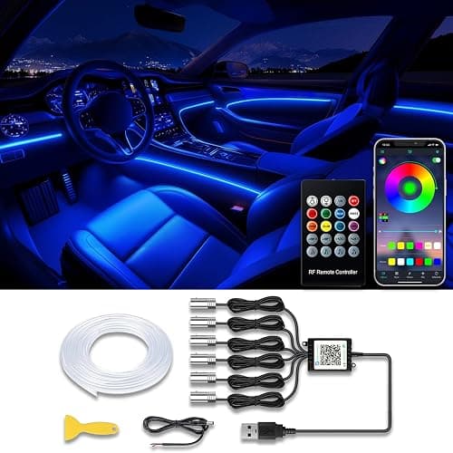 Jushope Car LED Strip Lights, USB Interior Ambient Lighting Kits with Wireless APP and RF Remote Control, 16 Million Colors Music Mode Car Decoration Lights with 315 inches 3.0mm Fiber Optic (6 in 1) - Image 1