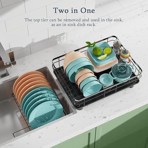 DMTXCRP Dish Drying Rack, Large 2 Tier Stainless Steel Dish Rack for Kitchen Counter with a Drainboard, Cutlery, Cup Holder, Kitchen Organizers and Storage Rack, 17" L x 13" W, Black thumbnail 5
